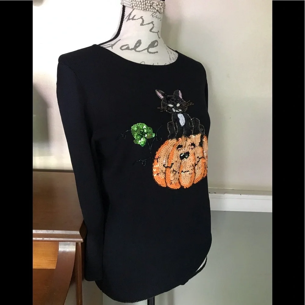 🖤 Black Cat Sequin Pumpkin Top L NWT 58.00 Last One Left - Picture 3 of 9